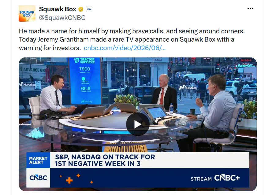 Proslavil se odvážnými předpověďmi a schopností předvídat budoucí vývoj trhu. Jeremy Grantham dnes výjimečně vystoupil v pořadu Squawk Box, kde varoval investory.