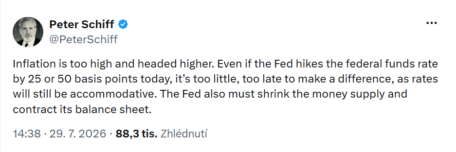 Peter Schiff varuje, že americká inflace zůstává příliš vysoká a může dál růst. Podle něj ani zvýšení sazeb Fedu o 25 či 50 bazických bodů nemusí stačit a centrální banka by měla zároveň omezit peněžní zásobu a zmenšit svou rozvahu.