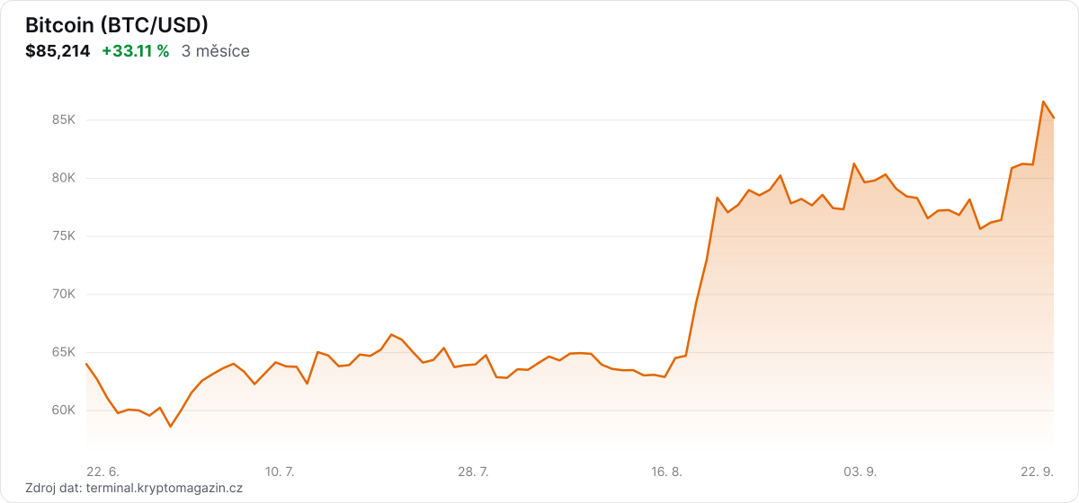 Graf vývoje ceny bitcoinu za 3 měsíce.