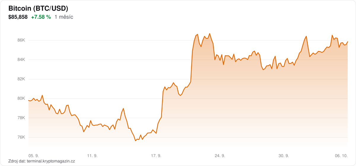 Graf vývoje ceny bitcoinu za 1 měsíc.